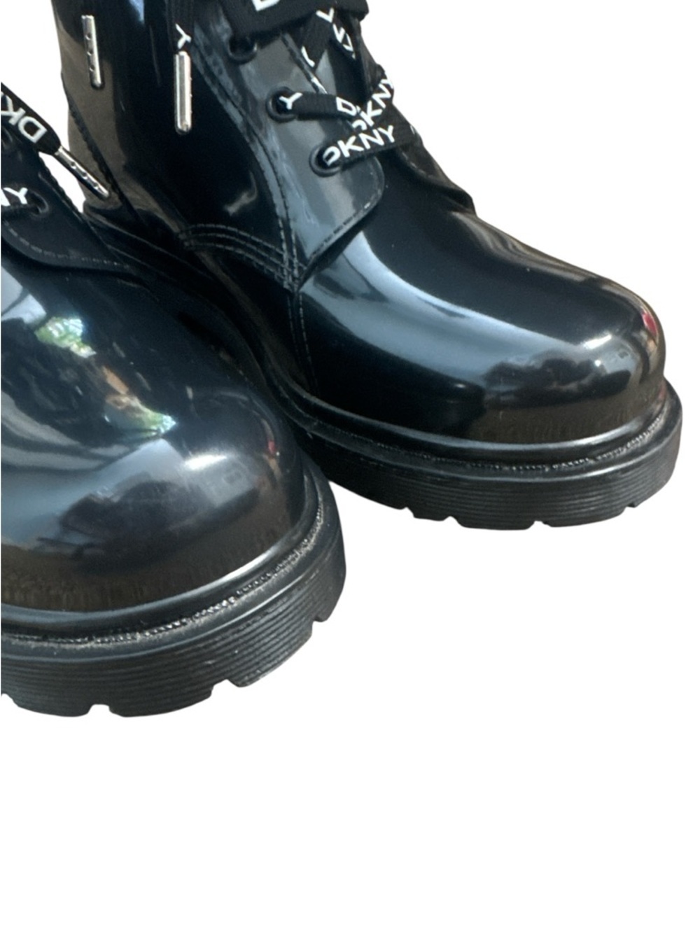DKNY Tibby Black Vegan Patent Leather Logo Laced Combat Boho Moto Boots Sz 8 - Picture 7 of 14